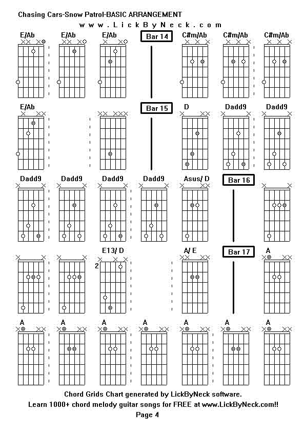 Chord Grids Chart of chord melody fingerstyle guitar song-Chasing Cars-Snow Patrol-BASIC ARRANGEMENT,generated by LickByNeck software.